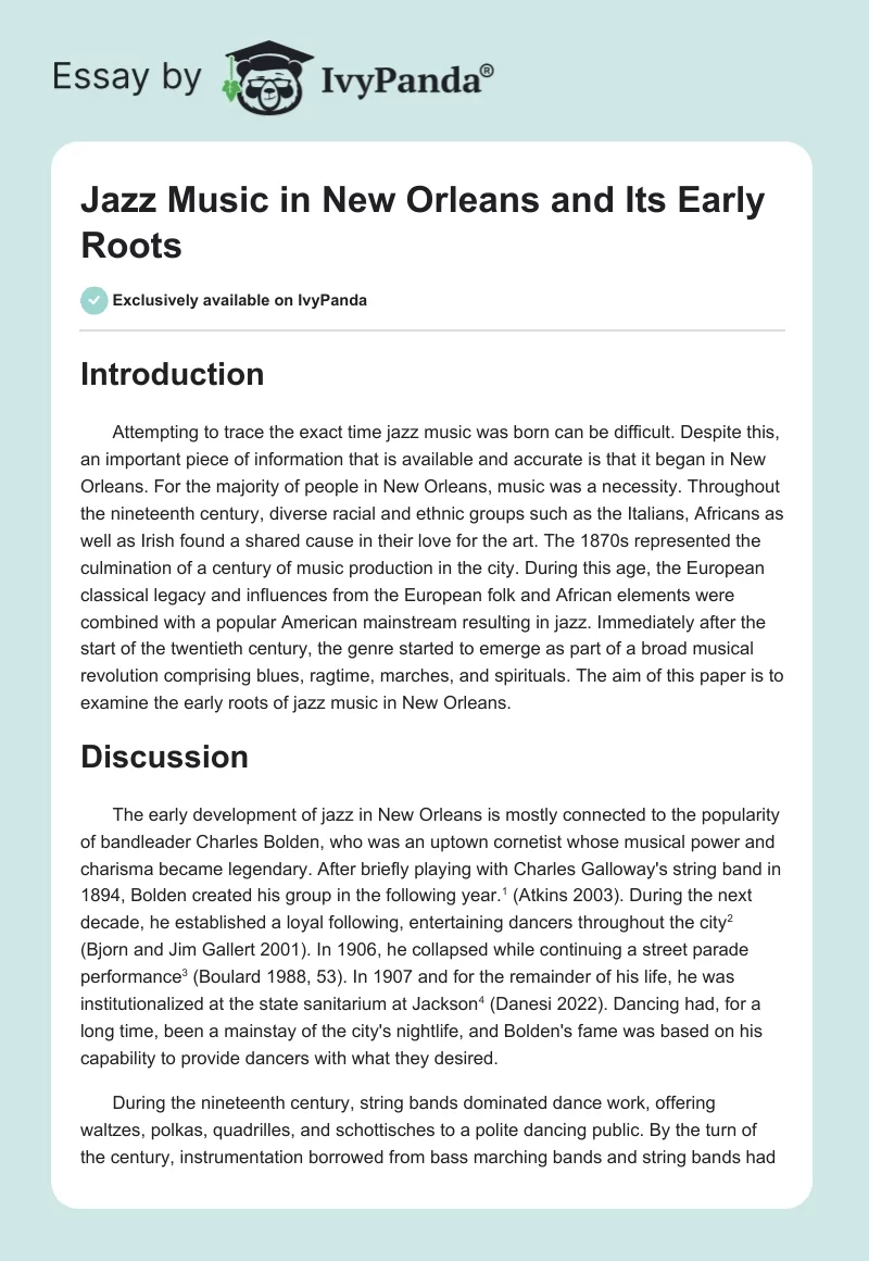 Jazz Music in New Orleans and Its Early Roots. Page 1