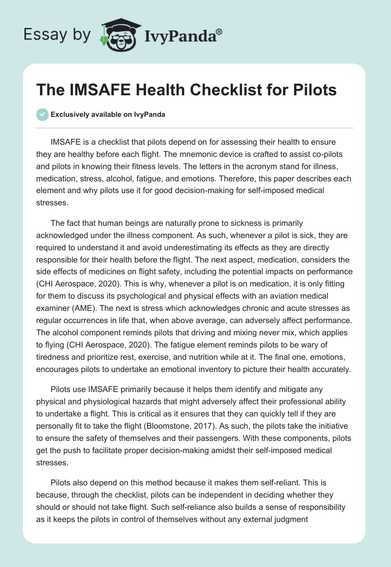 The IMSAFE Health Checklist for Pilots. Page 1