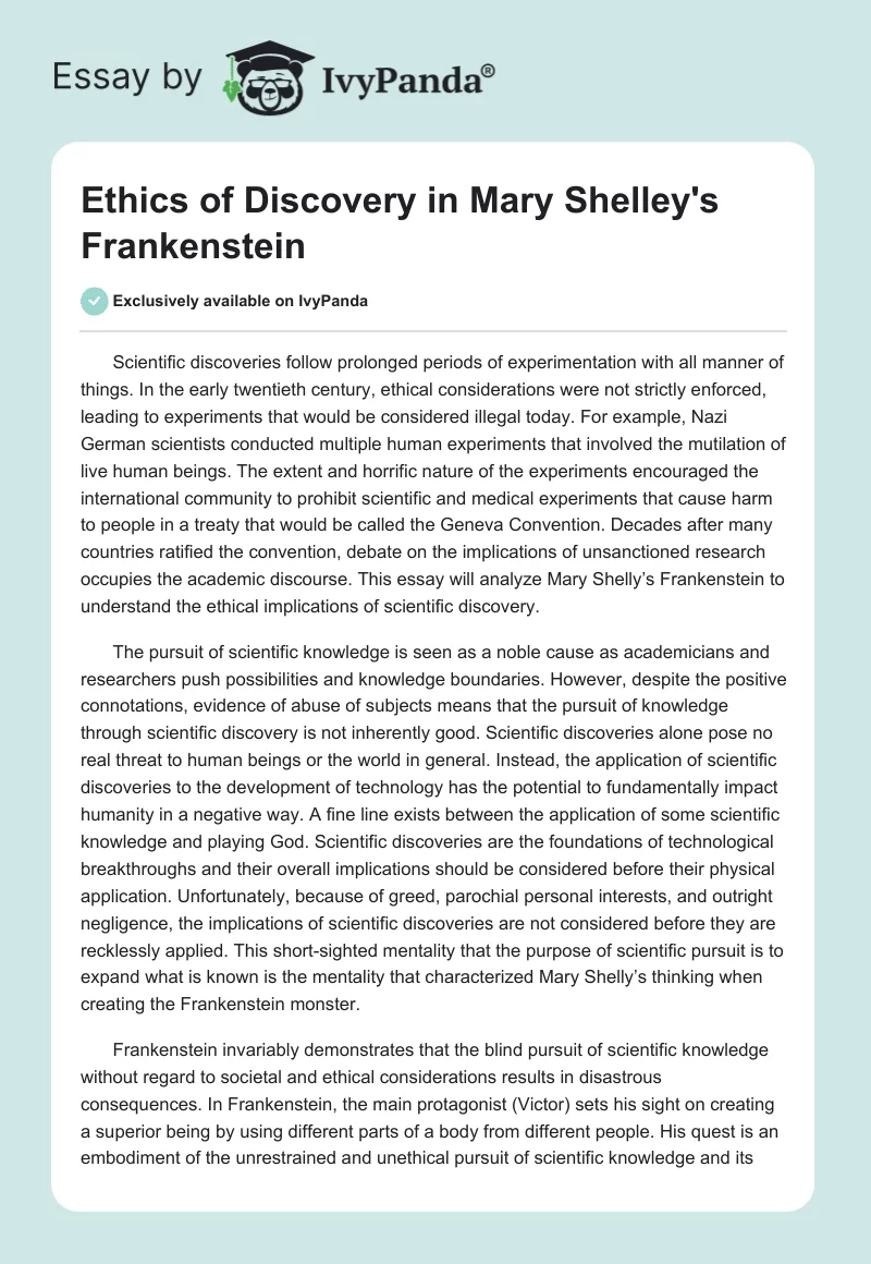 Ethics of Discovery in Mary Shelley's "Frankenstein". Page 1