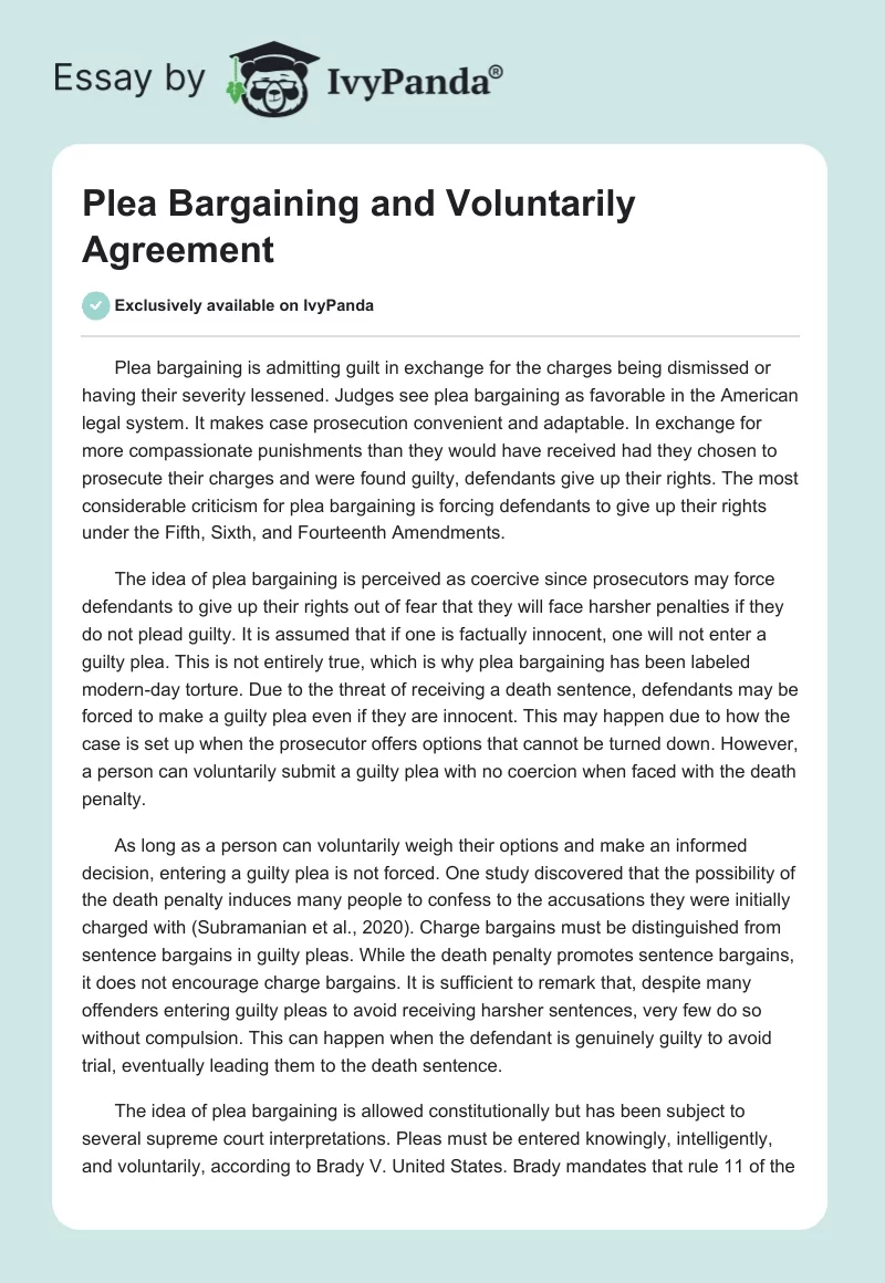 Plea Bargaining and Voluntarily Agreement. Page 1