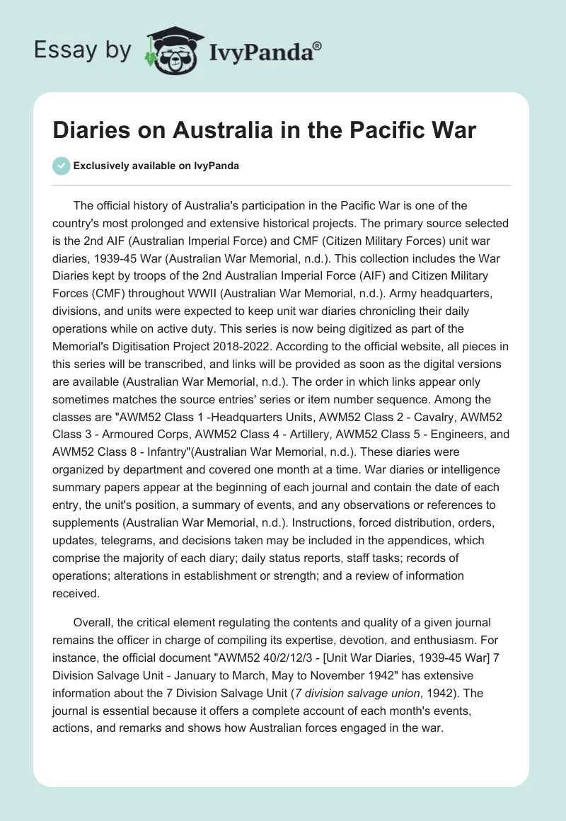 Diaries on Australia in the Pacific War. Page 1