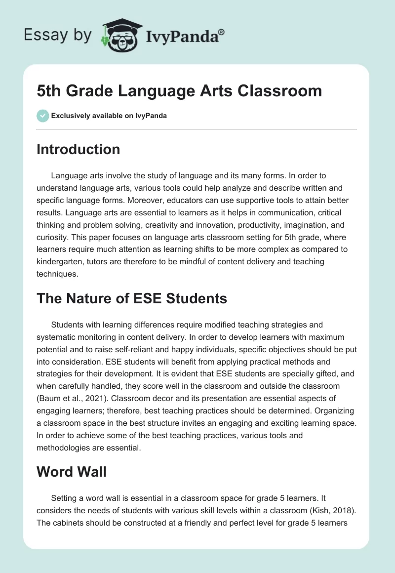 5th Grade Language Arts Classroom. Page 1