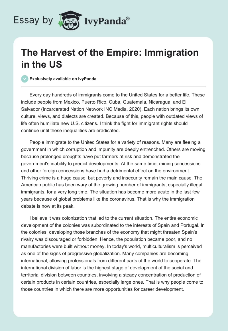 The Harvest of the Empire: Immigration in the US. Page 1