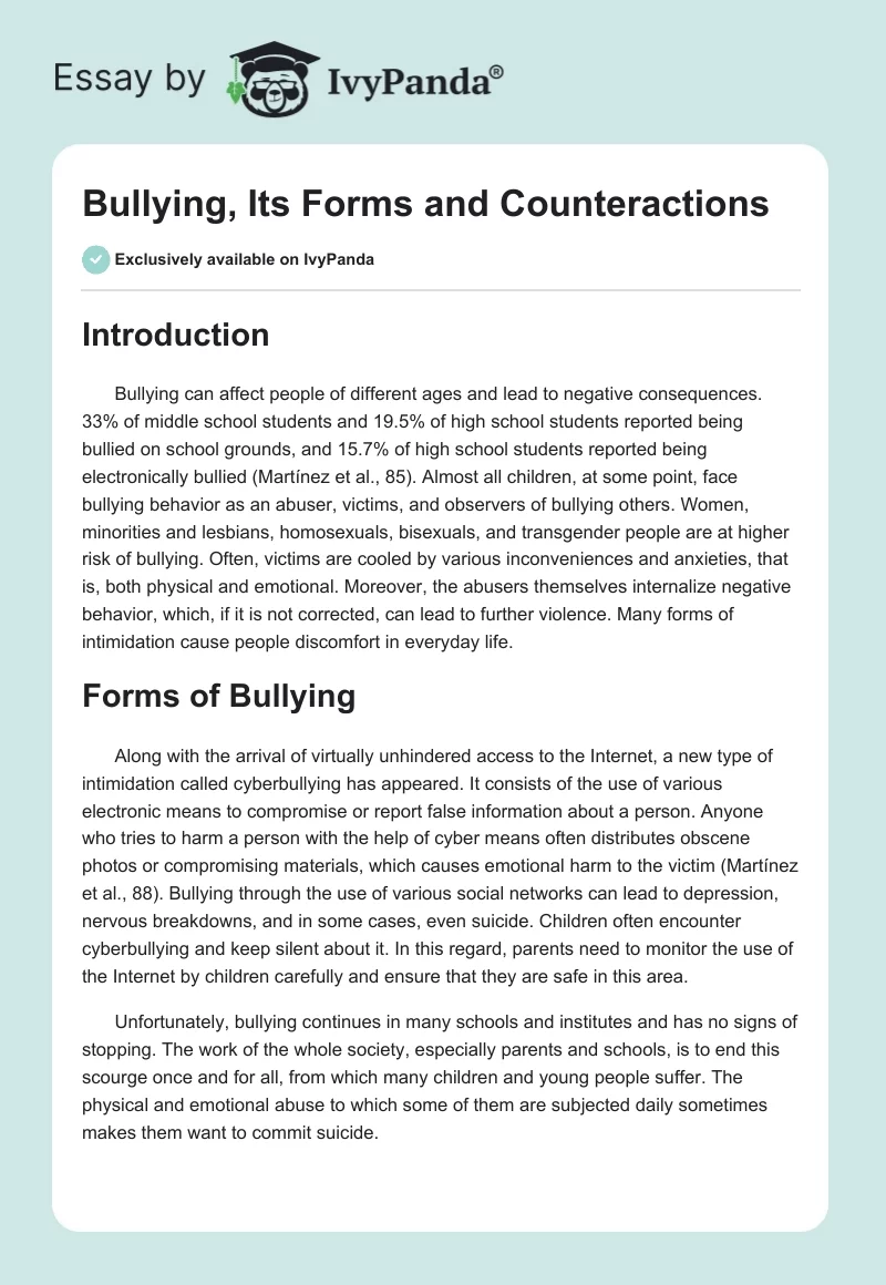 Bullying, Its Forms, and Counteractions. Page 1