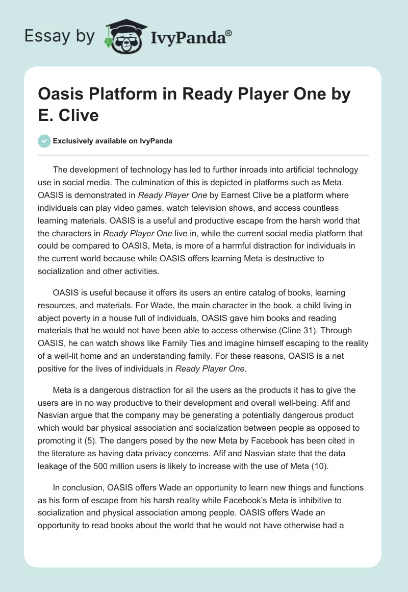 Oasis Platform in "Ready Player One" by E. Clive. Page 1