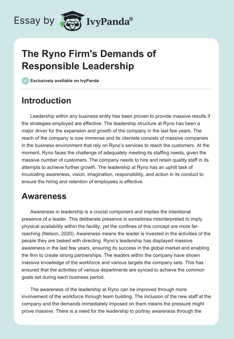The Ryno Firm's Demands of Responsible Leadership. Page 1