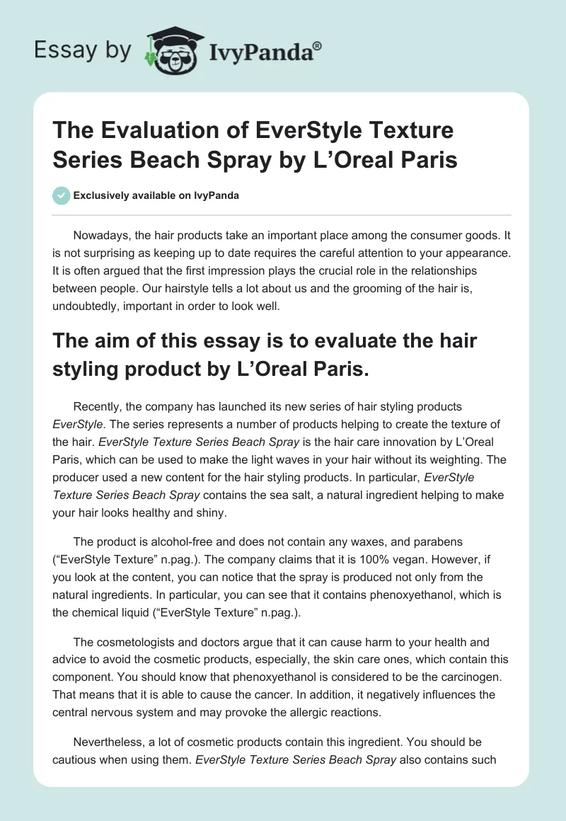 The Evaluation of EverStyle Texture Series Beach Spray by L’Oreal Paris. Page 1