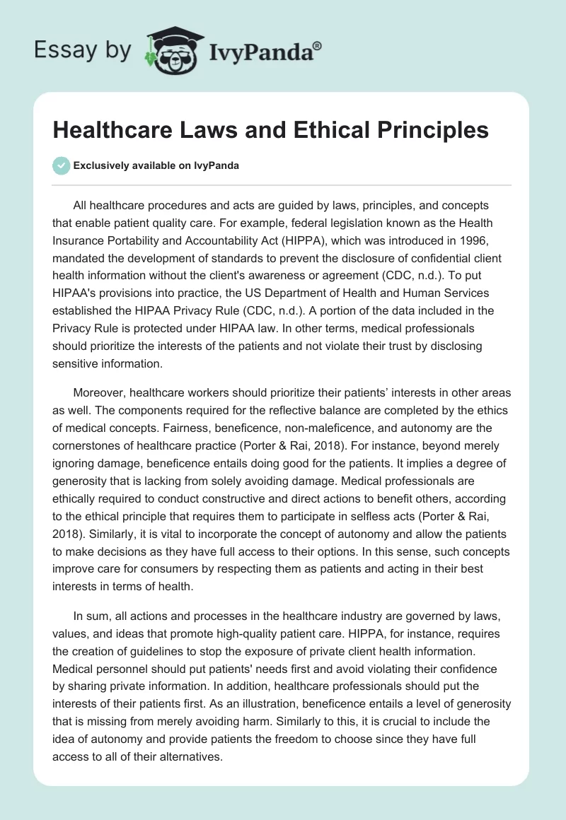 Healthcare Laws and Ethical Principles. Page 1