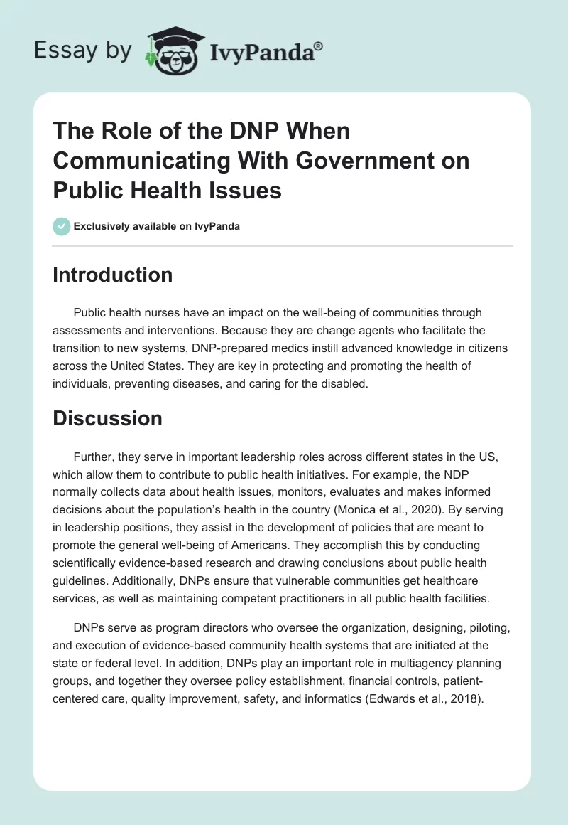 The Role of the DNP When Communicating With Government on Public Health Issues. Page 1