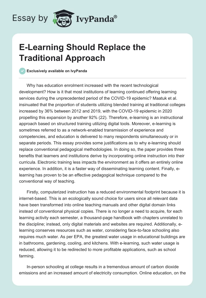 E-Learning Should Replace the Traditional Approach. Page 1