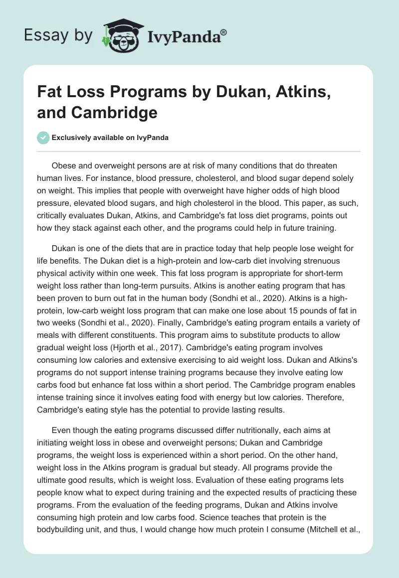 Fat Loss Programs by Dukan, Atkins, and Cambridge. Page 1