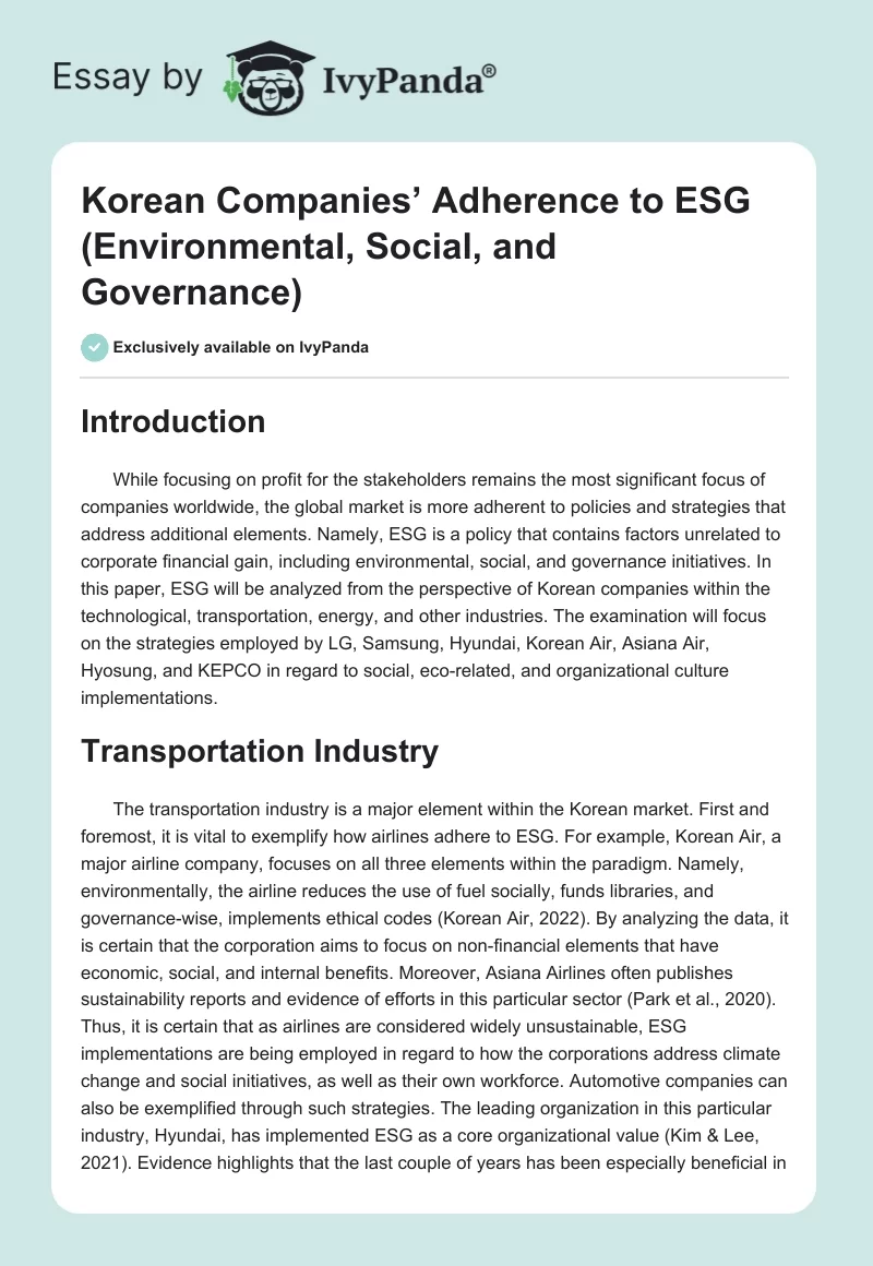 Korean Companies’ Adherence to ESG (Environmental, Social, and Governance). Page 1