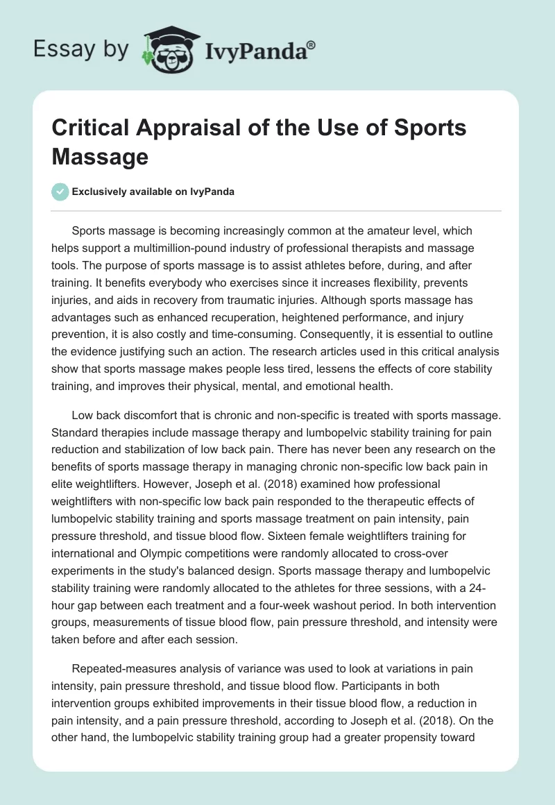 Critical Appraisal of the Use of Sports Massage. Page 1
