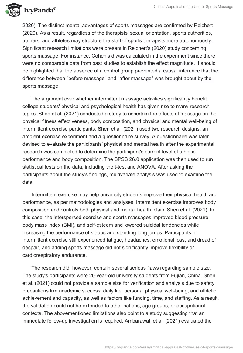 Critical Appraisal of the Use of Sports Massage. Page 3