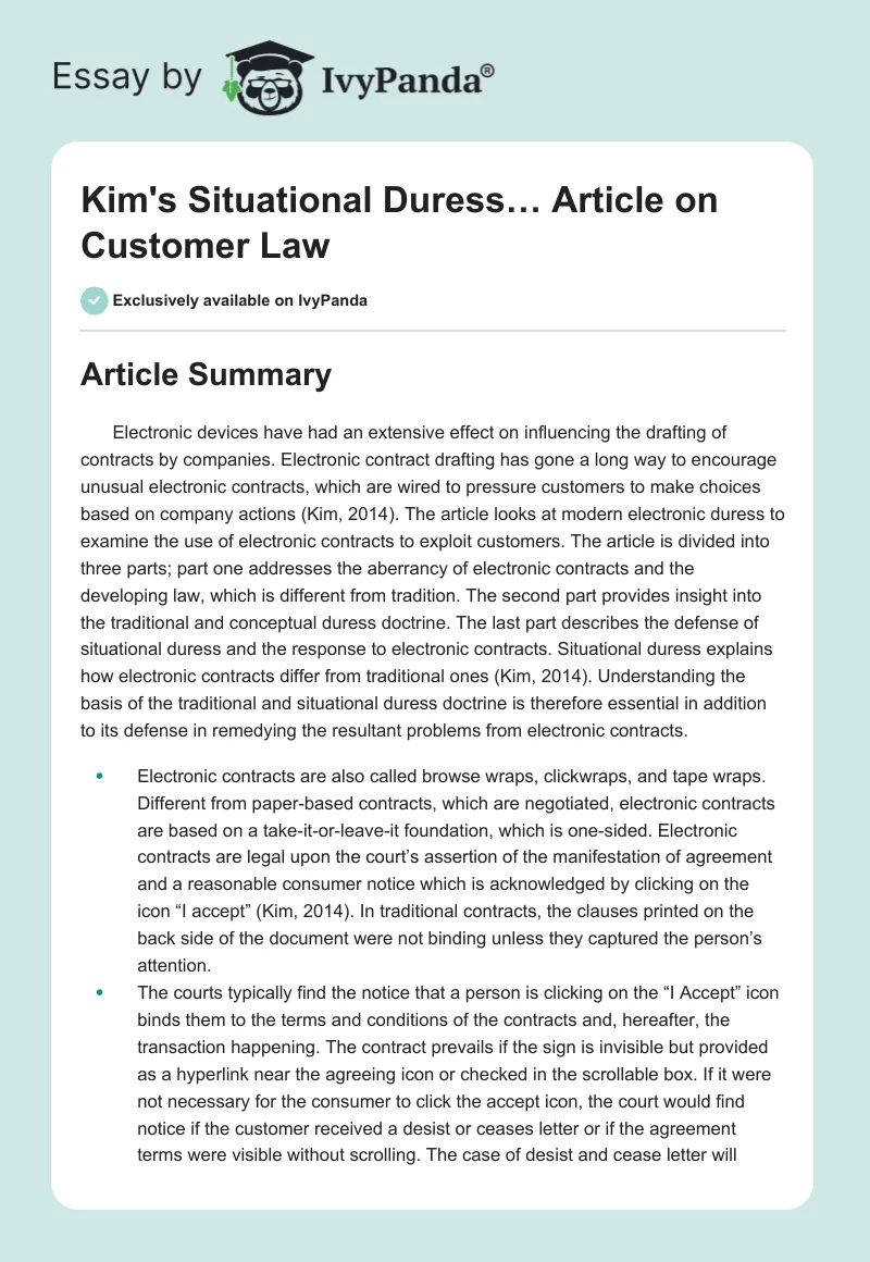 Kim's "Situational Duress…" Article on Customer Law. Page 1