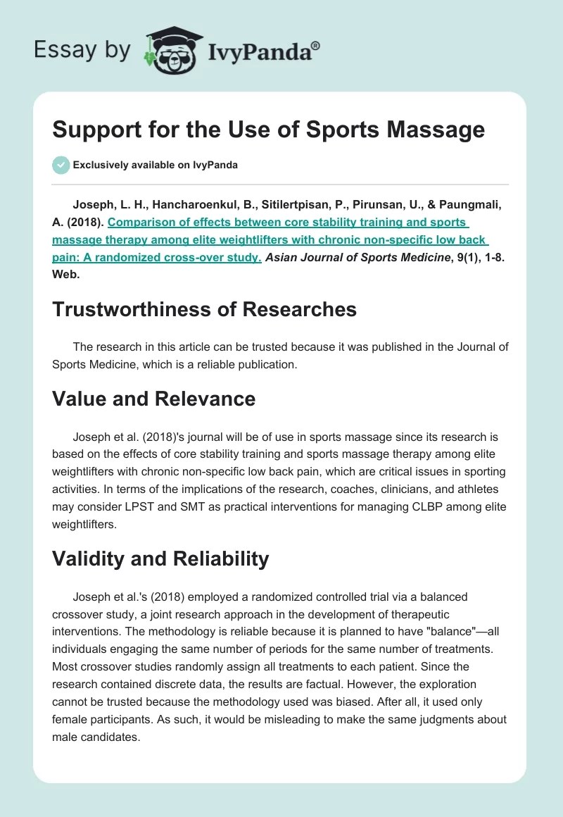 Support for the Use of Sports Massage. Page 1