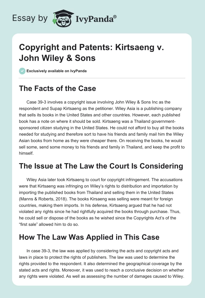 Copyright and Patents: Kirtsaeng v. John Wiley & Sons. Page 1