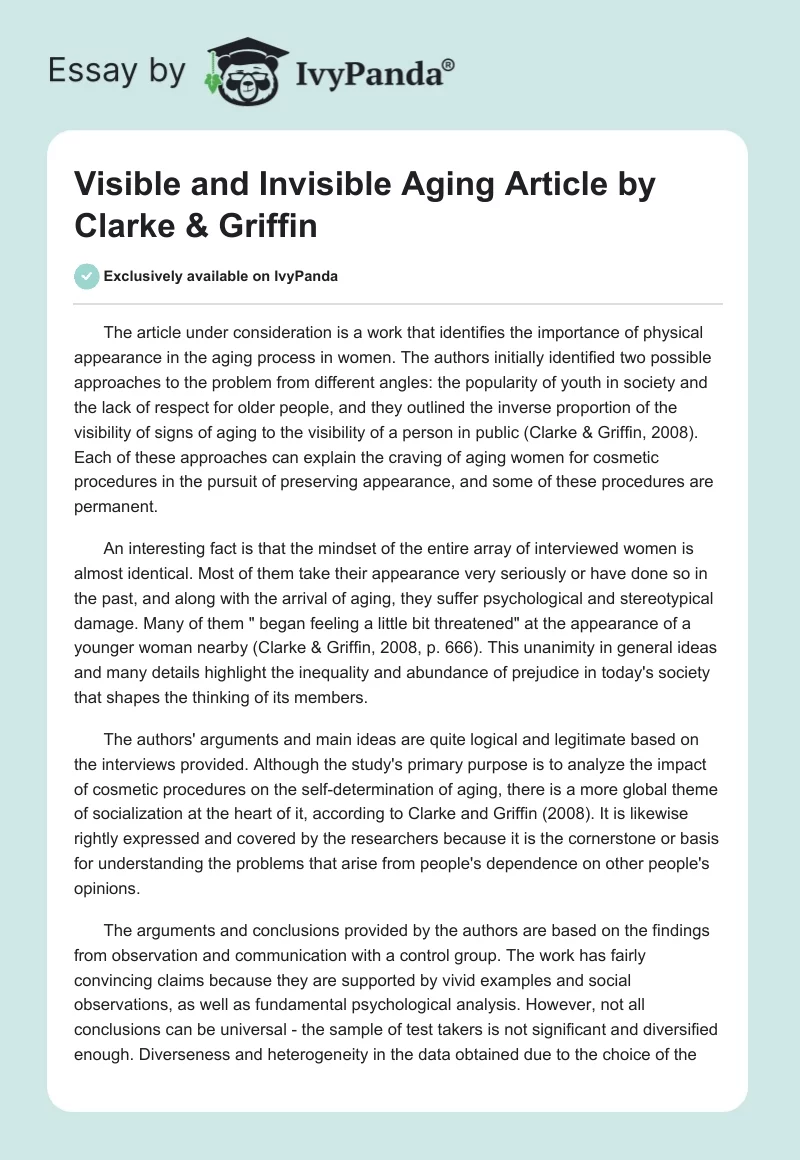 Visible and Invisible Aging Article by Clarke & Griffin. Page 1