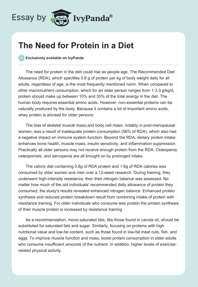 The Need for Protein in a Diet. Page 1