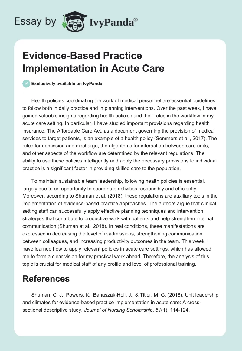 Evidence‐Based Practice Implementation in Acute Care. Page 1