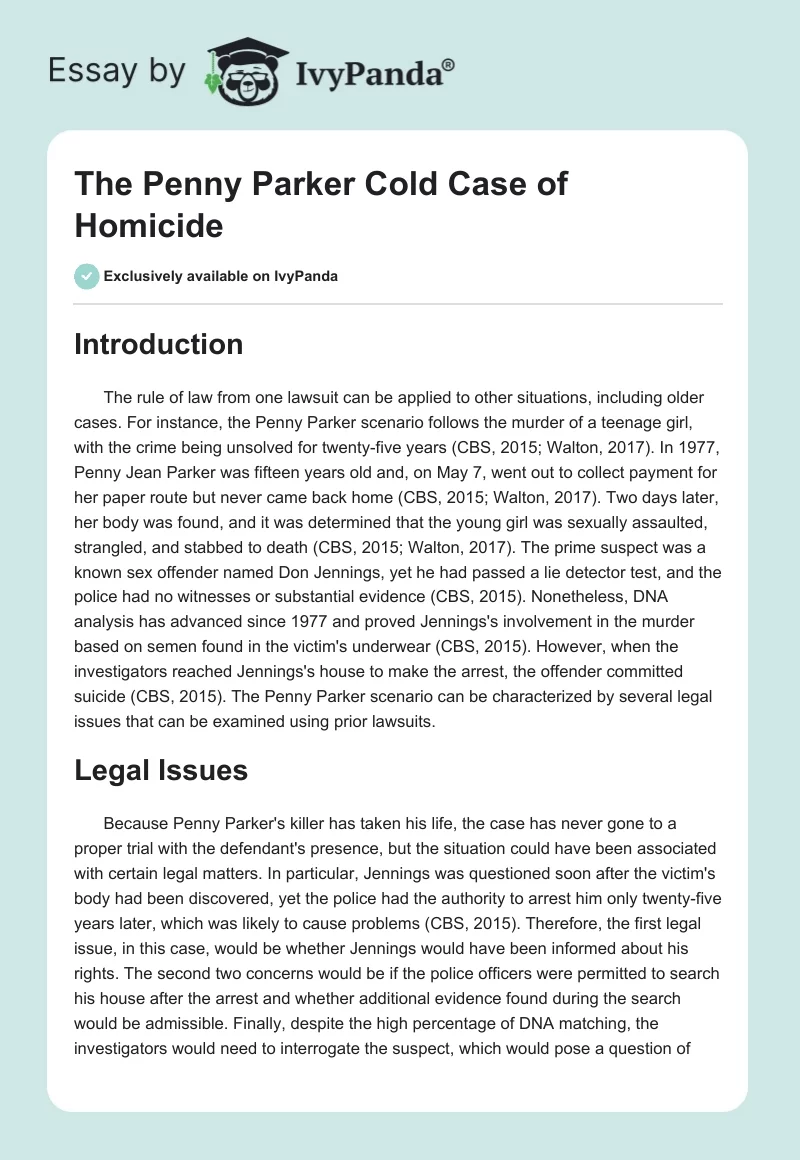The Penny Parker Cold Case of Homicide. Page 1