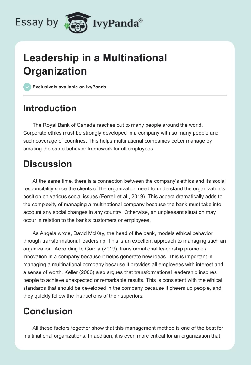 Leadership in a Multinational Organization. Page 1