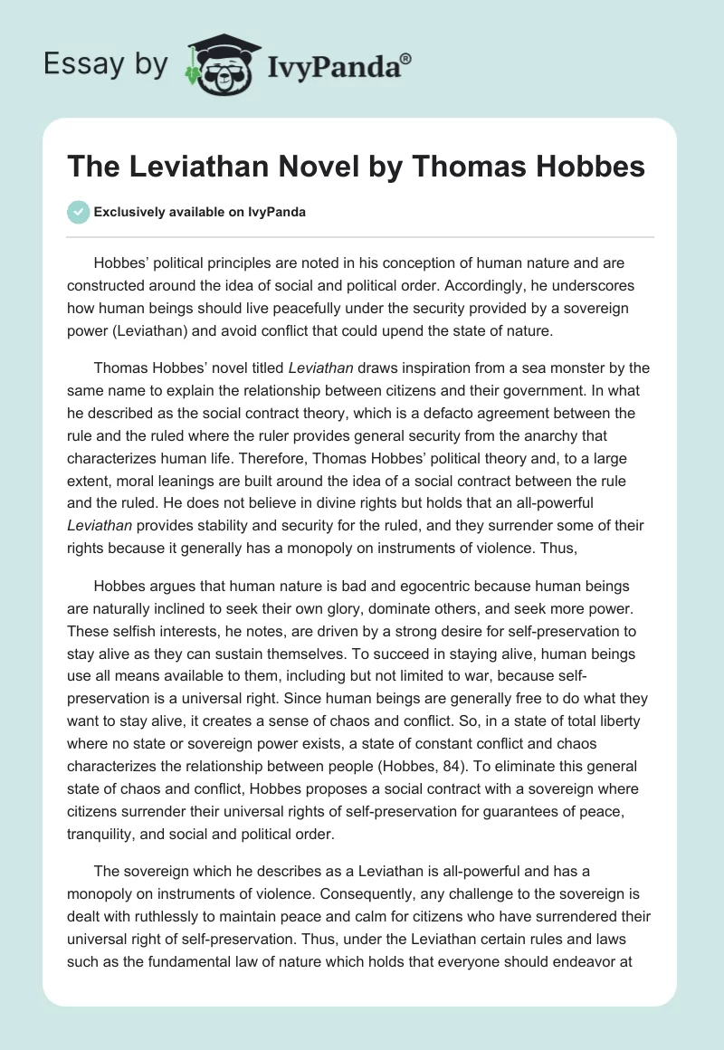 The "Leviathan" Novel by Thomas Hobbes. Page 1