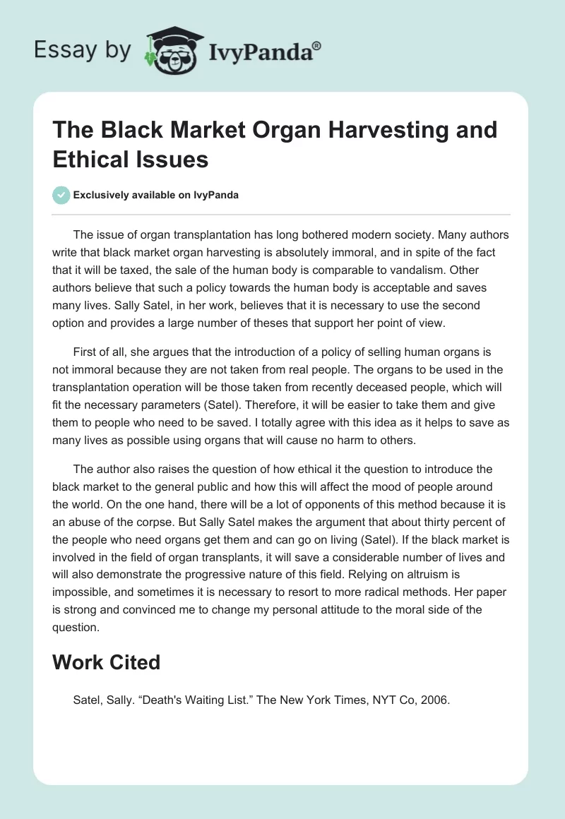 The Black Market Organ Harvesting and Ethical Issues. Page 1