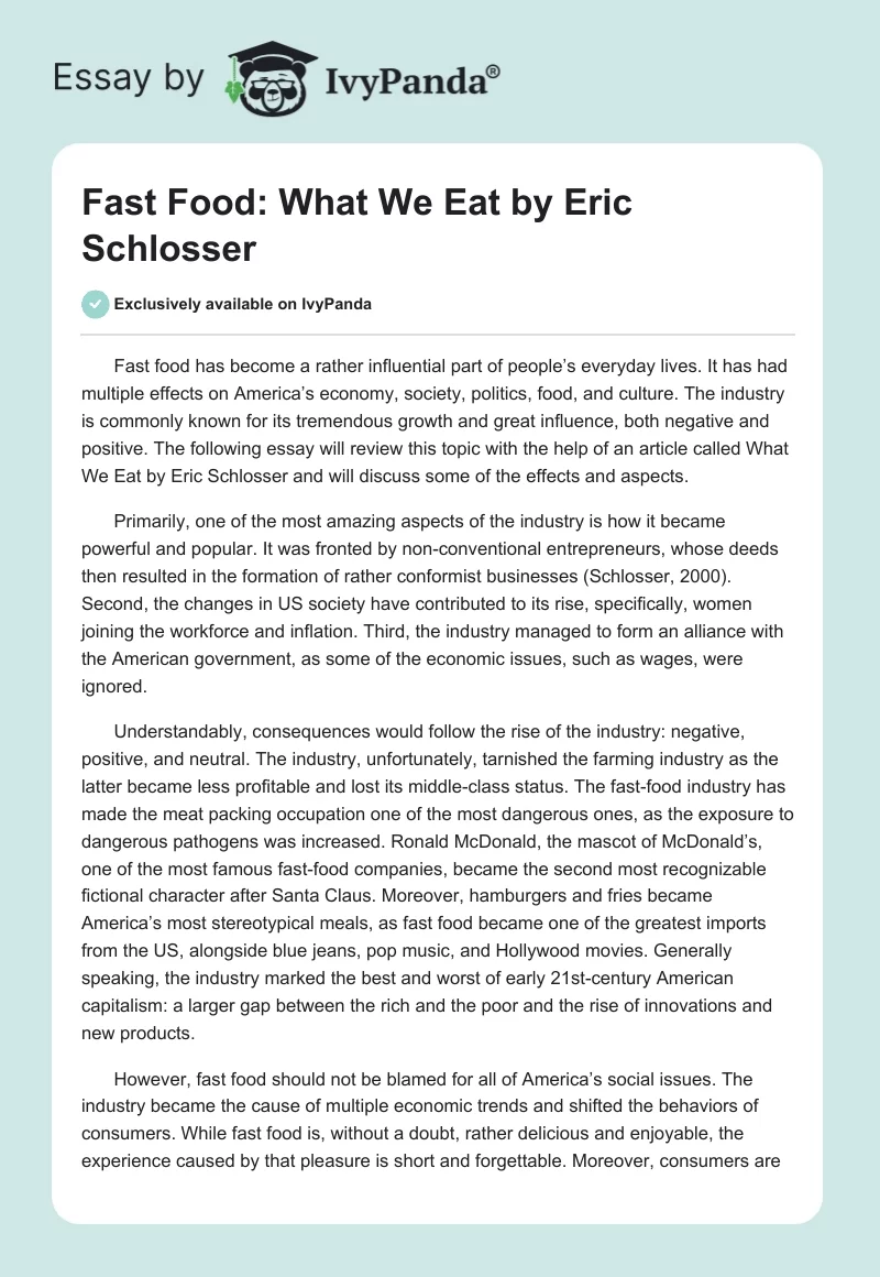 Fast Food: What We Eat by Eric Schlosser. Page 1