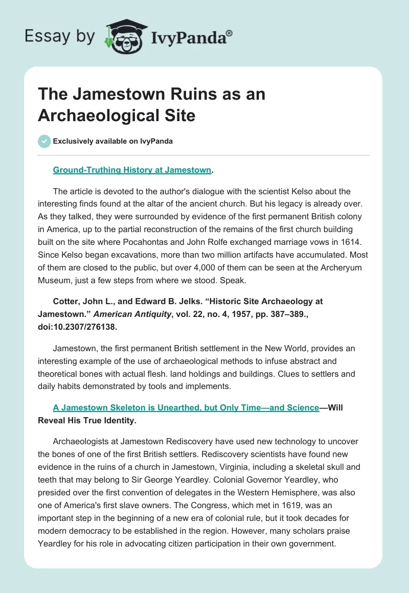 The Jamestown Ruins as an Archaeological Site. Page 1
