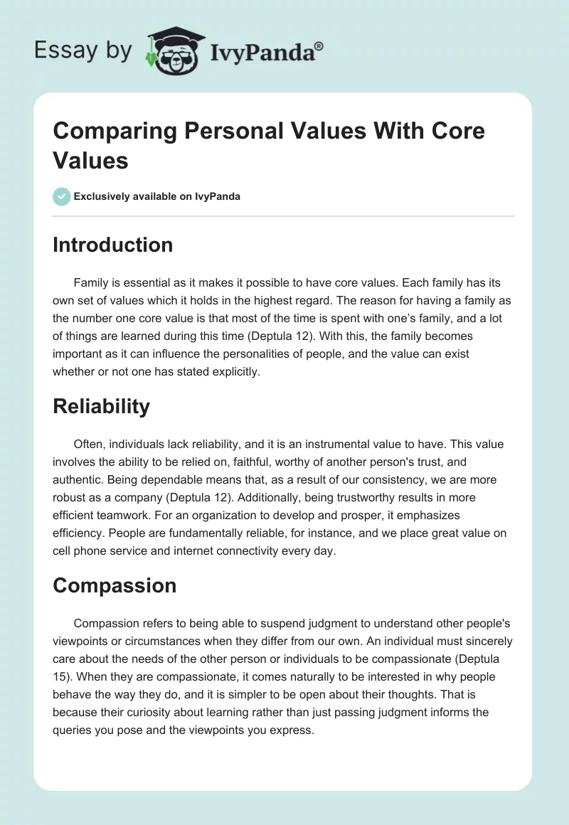 Comparing Personal Values With Core Values. Page 1