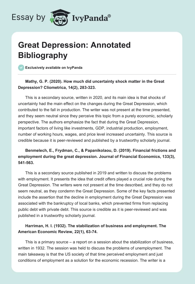 Great Depression: Annotated Bibliography. Page 1