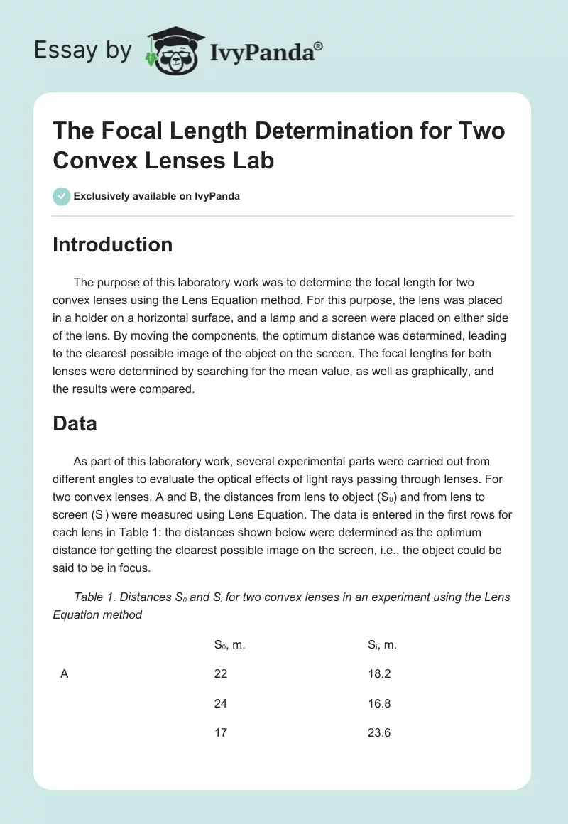 The Focal Length Determination for Two Convex Lenses Lab. Page 1