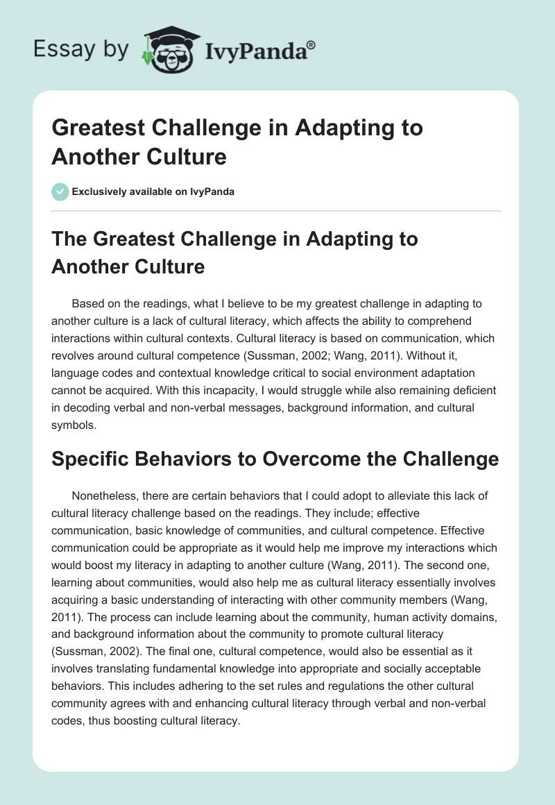 Greatest Challenge in Adapting to Another Culture. Page 1