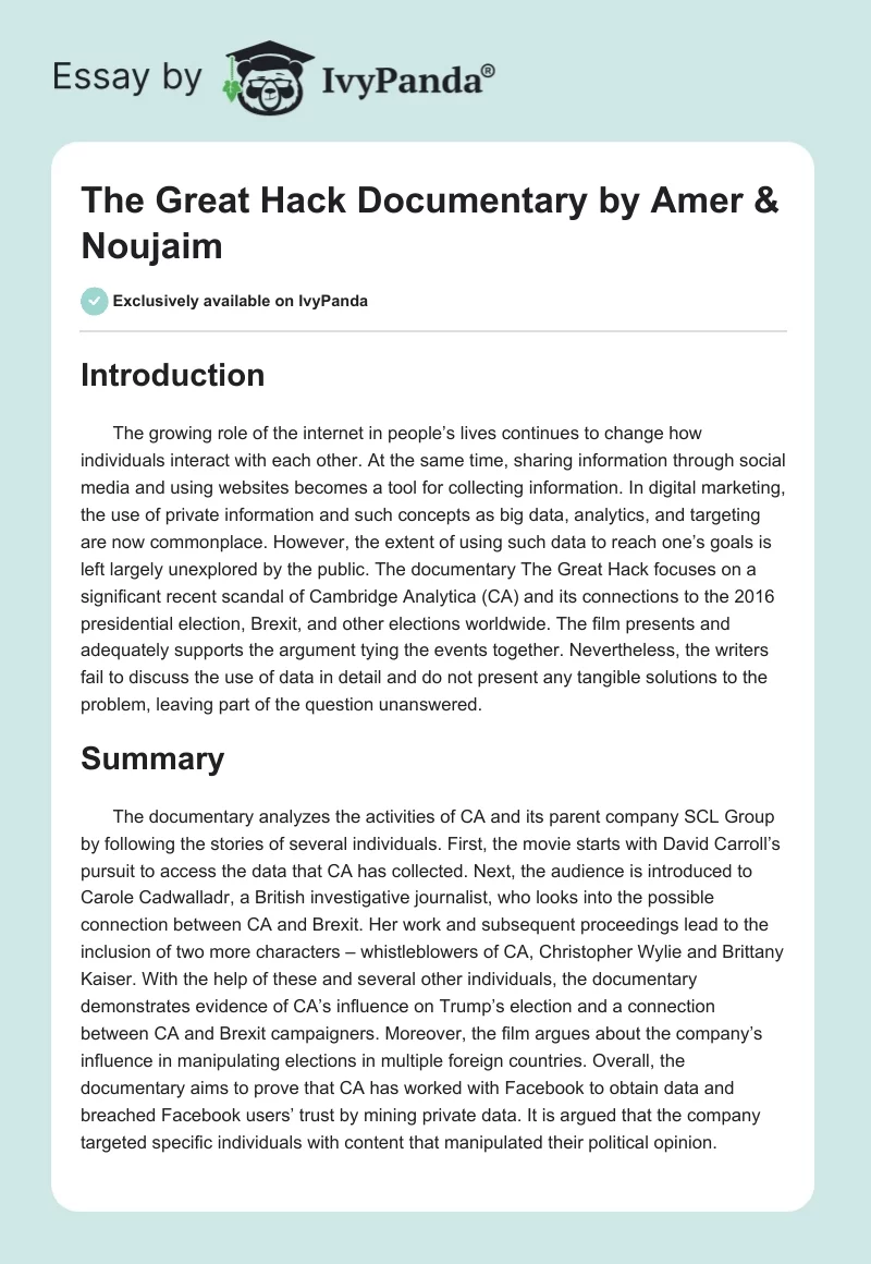 The Great Hack Documentary by Amer & Noujaim. Page 1