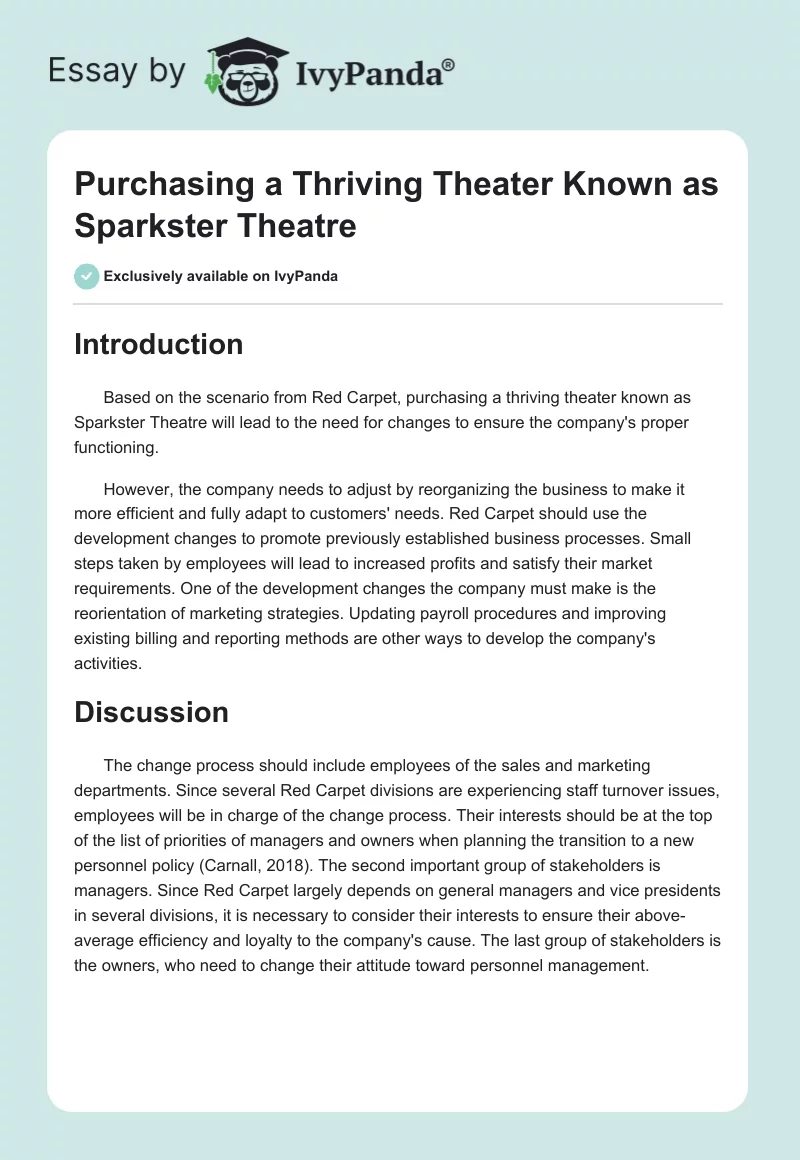 Purchasing a Thriving Theater Known as Sparkster Theatre. Page 1