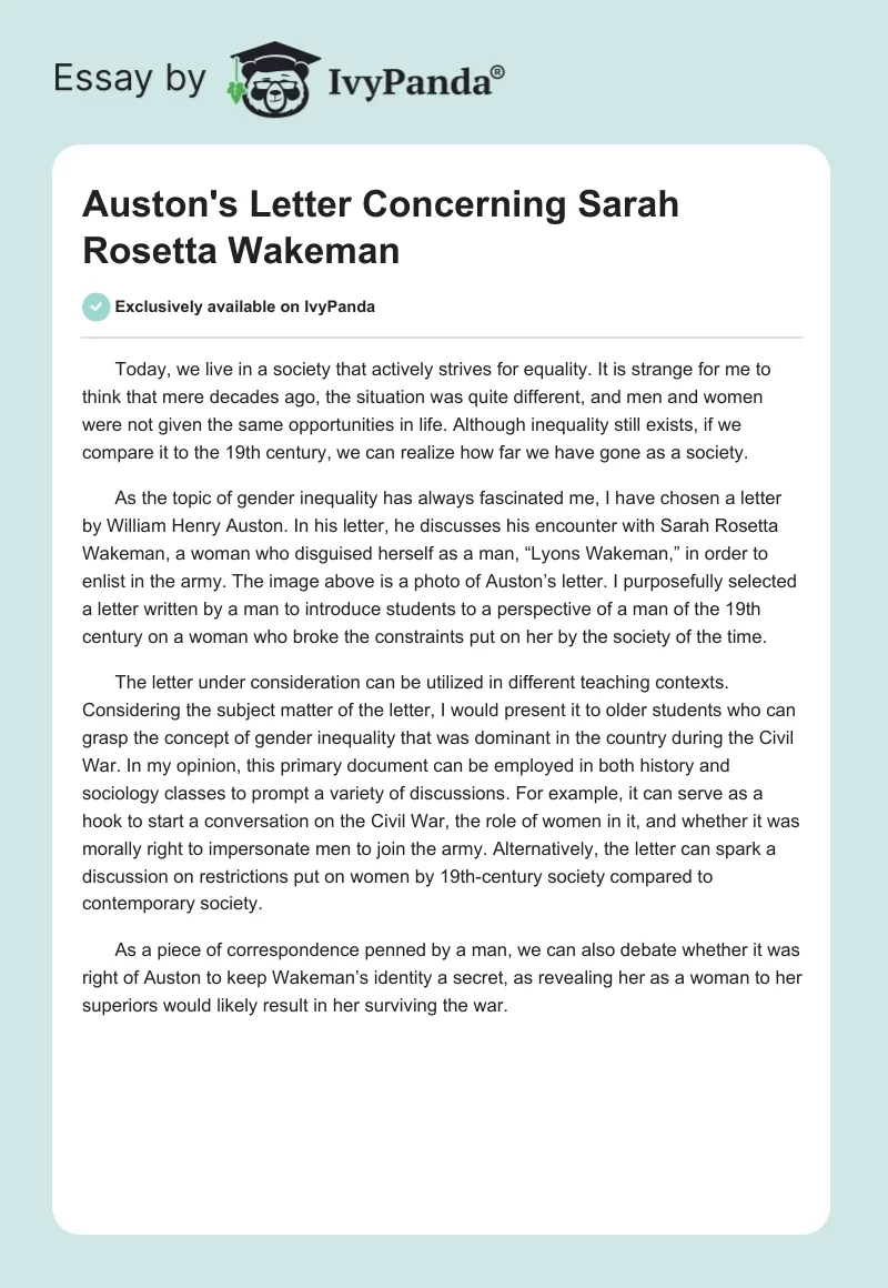 Auston's Letter Concerning Sarah Rosetta Wakeman. Page 1
