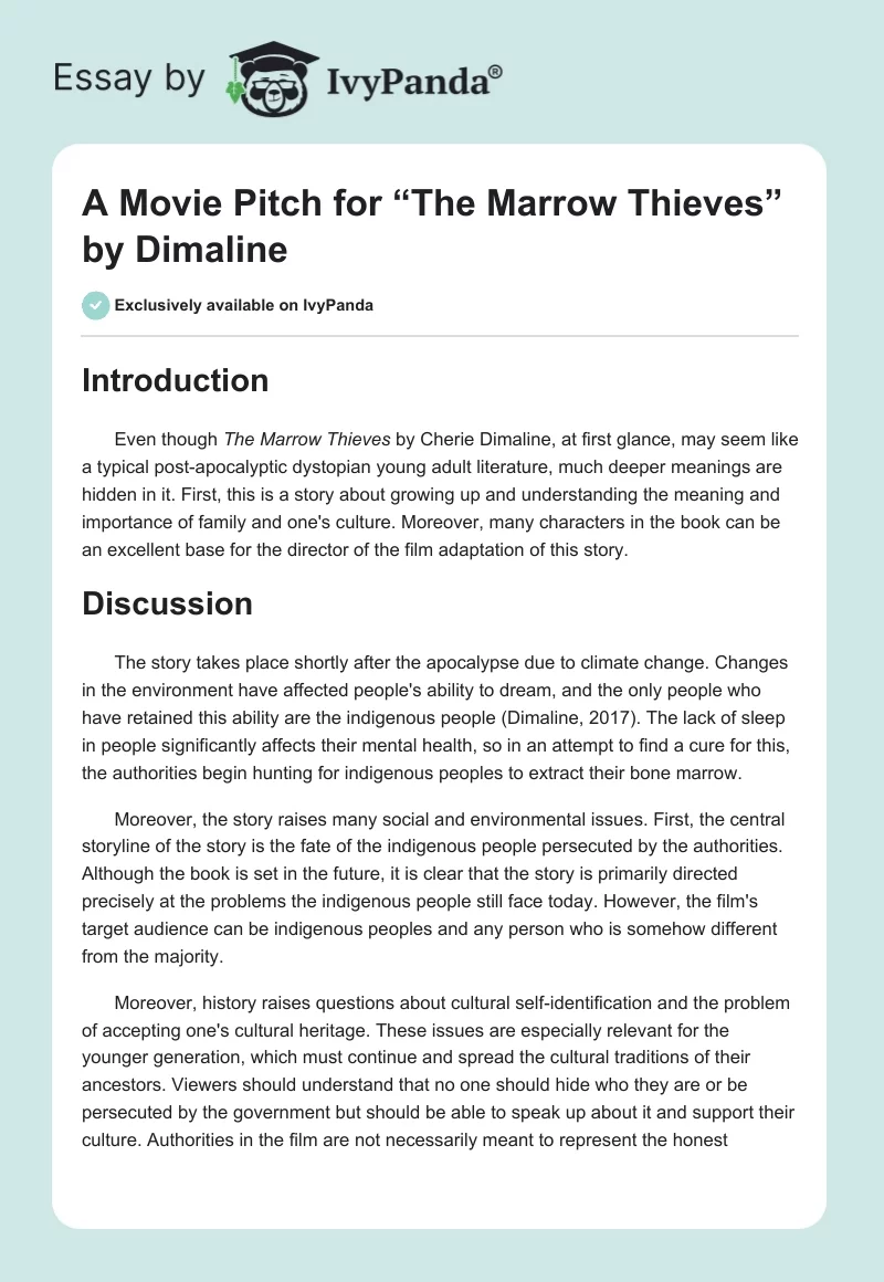 A Movie Pitch for “The Marrow Thieves” by Dimaline. Page 1