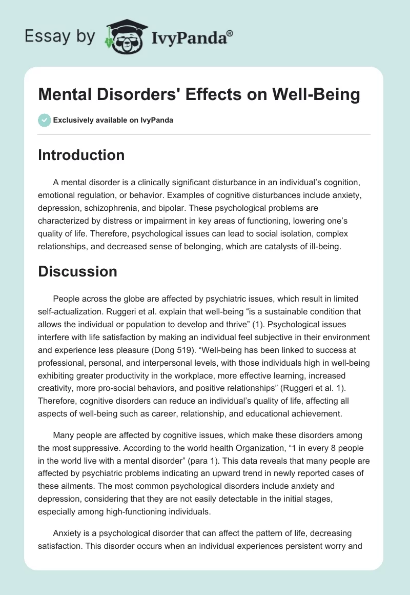 Mental Disorders' Effects on Well-Being. Page 1