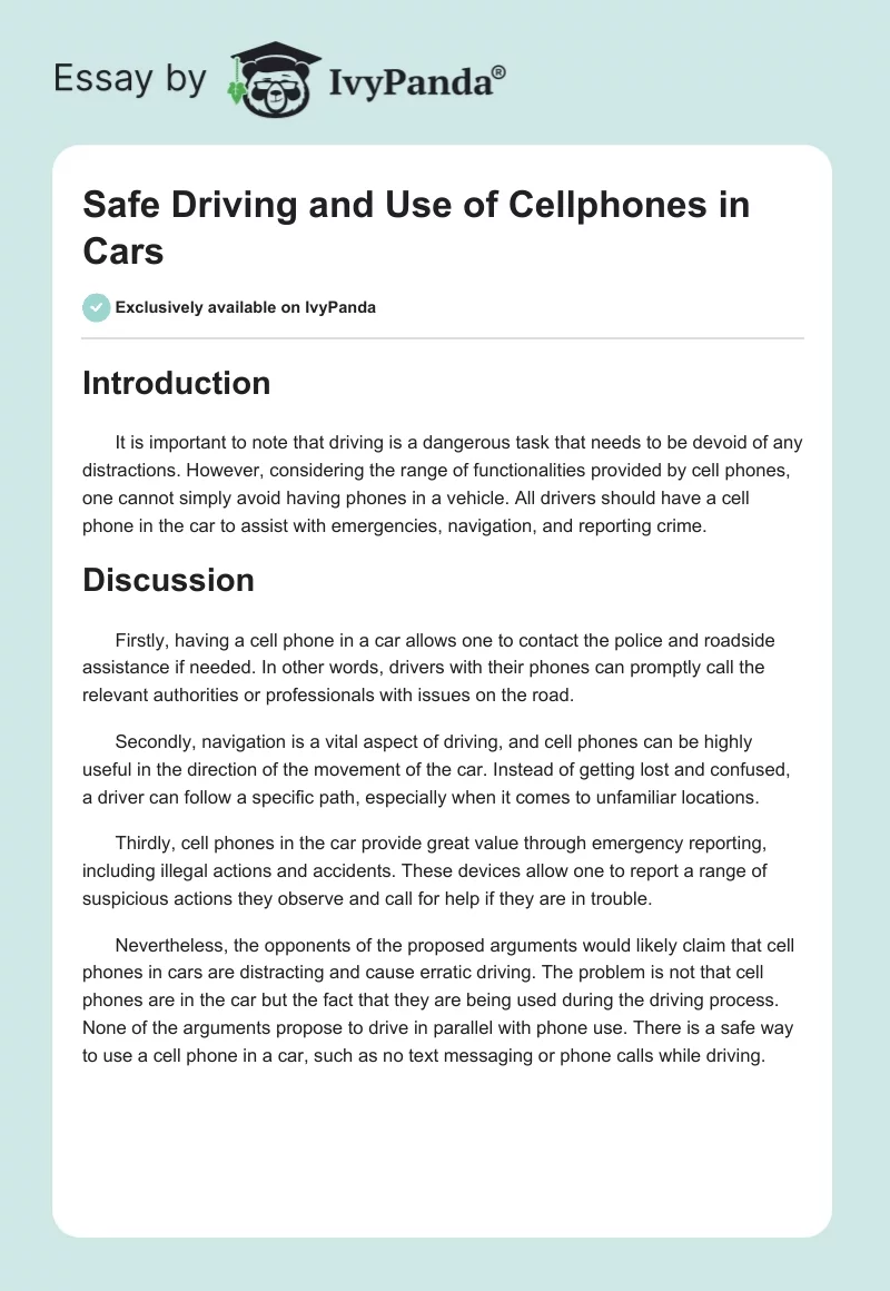 Safe Driving and Use of Cellphones in Cars. Page 1