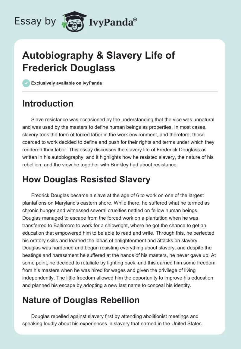 Autobiography & Slavery Life of Frederick Douglass. Page 1