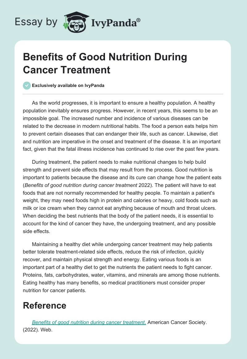 Benefits of Good Nutrition During Cancer Treatment. Page 1