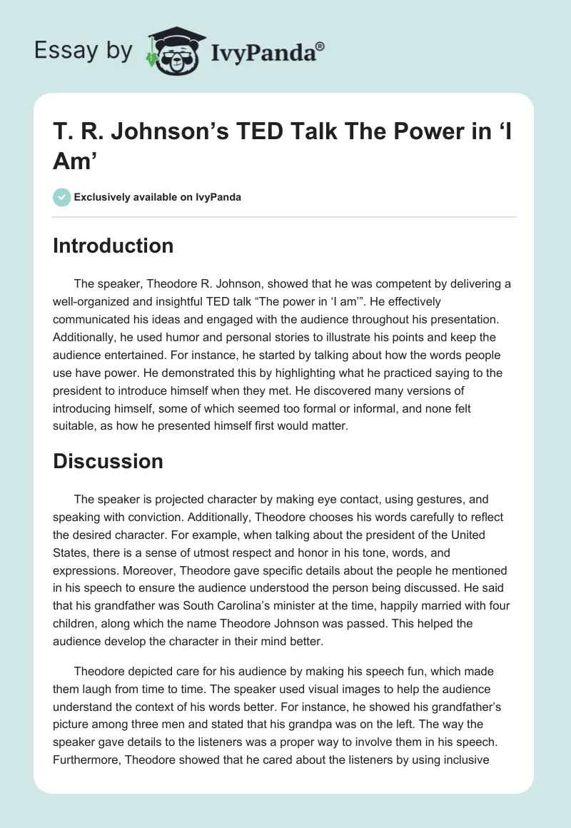 T. R. Johnson’s TED Talk The Power in ‘I Am’. Page 1