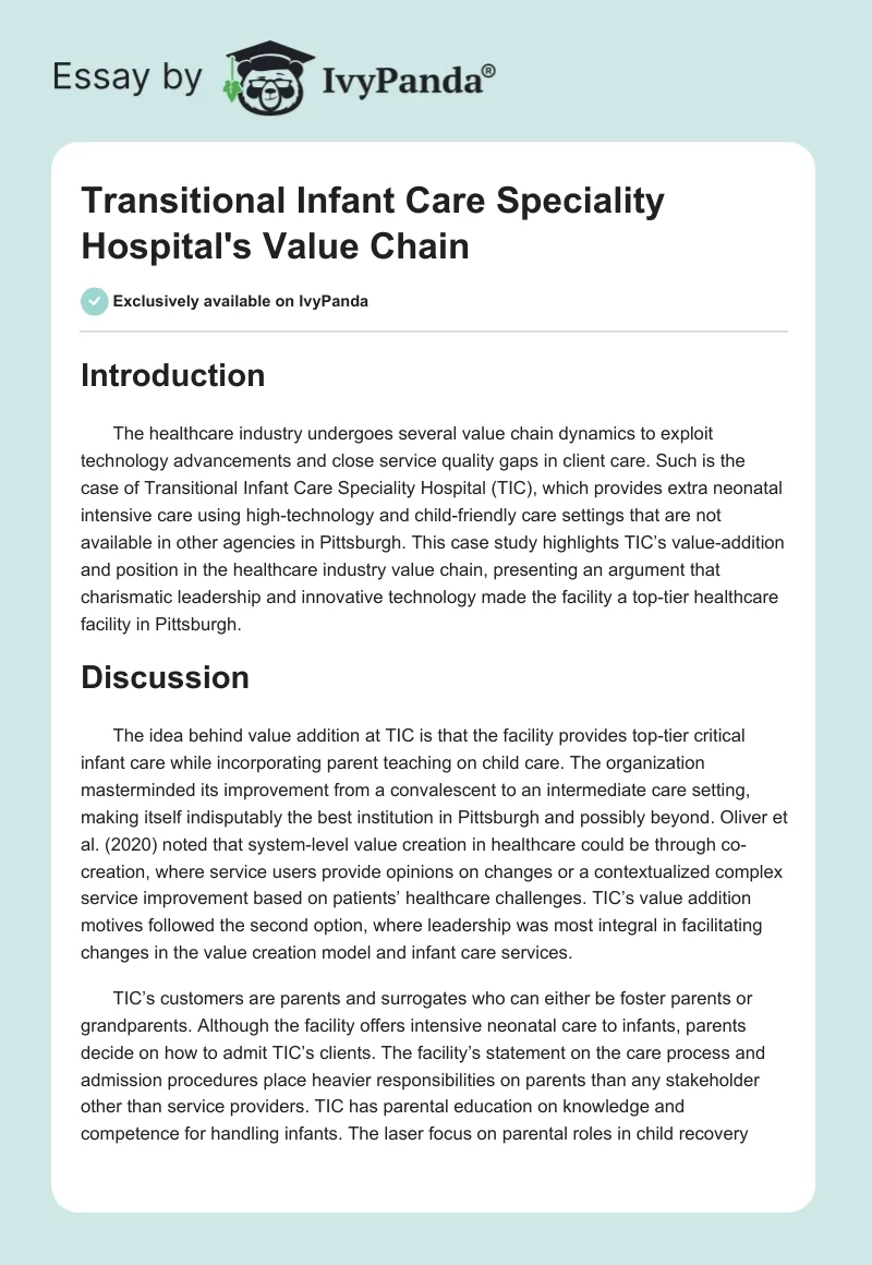Transitional Infant Care Speciality Hospital's Value Chain. Page 1