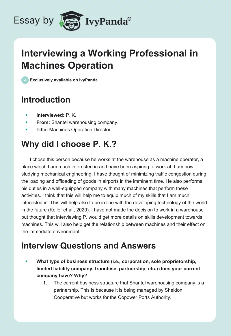 Interviewing a Working Professional in Machines Operation. Page 1
