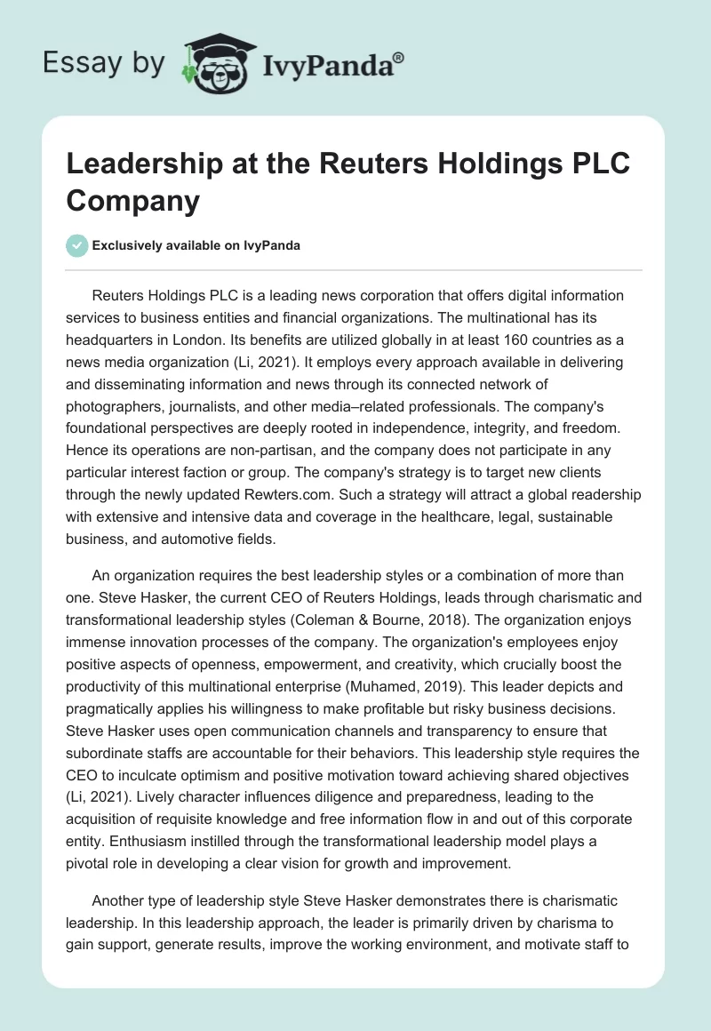Leadership at the Reuters Holdings PLC Company. Page 1