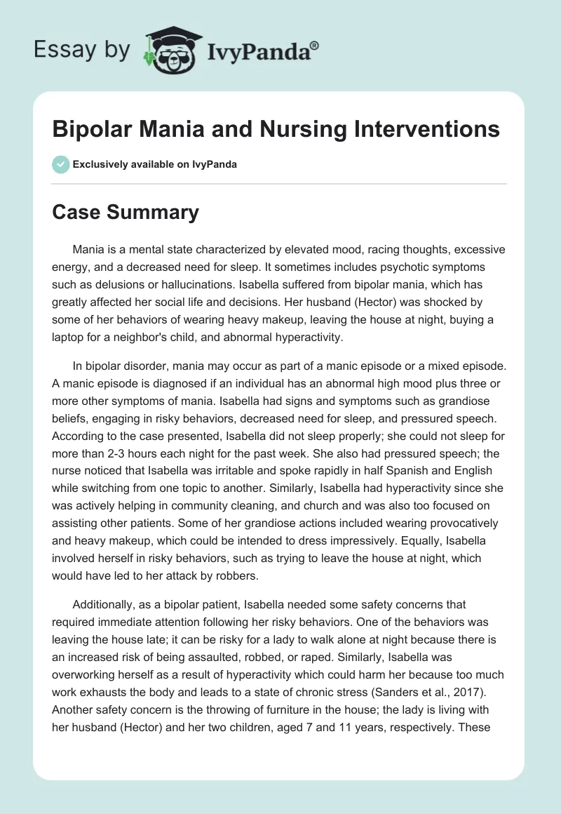 Bipolar Mania and Nursing Interventions. Page 1