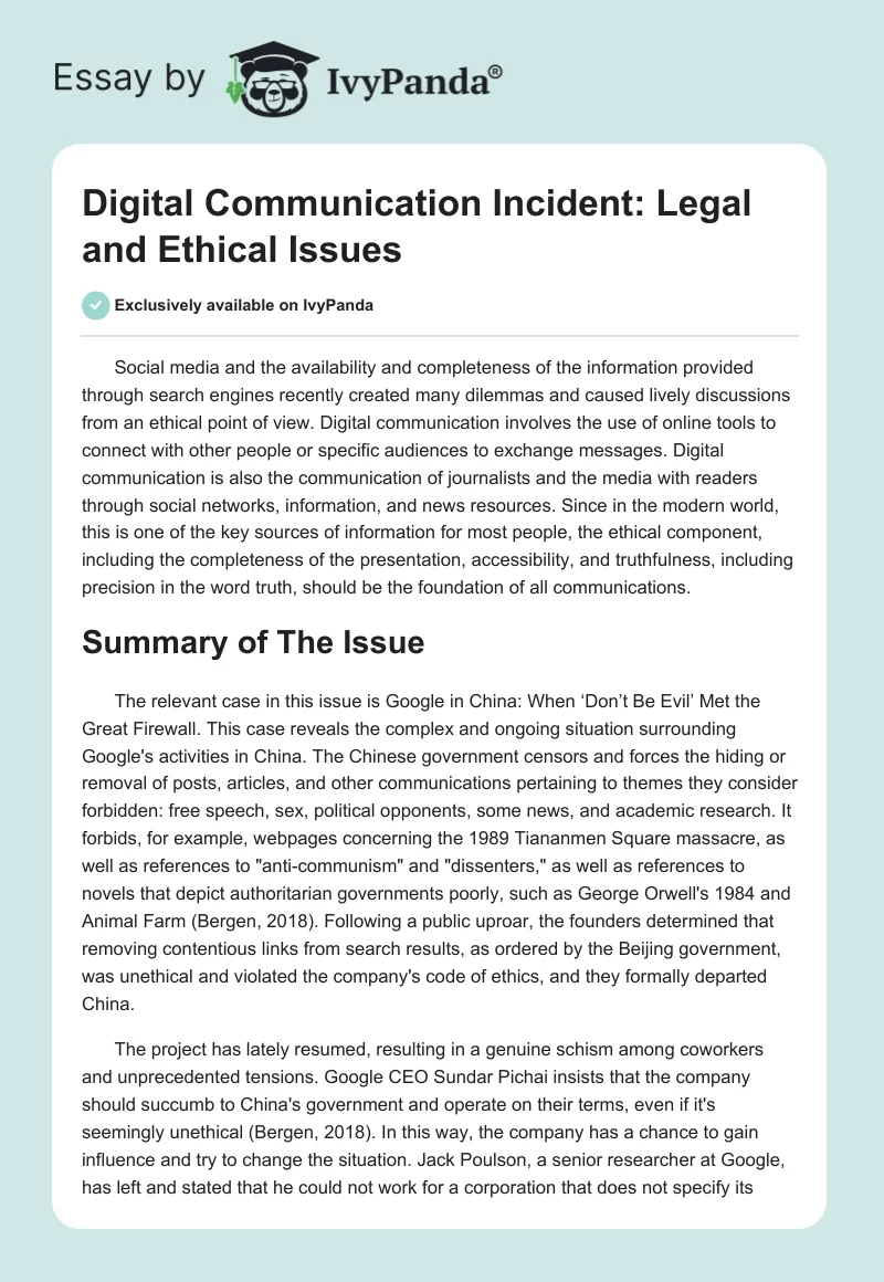 Digital Communication Incident: Legal and Ethical Issues. Page 1