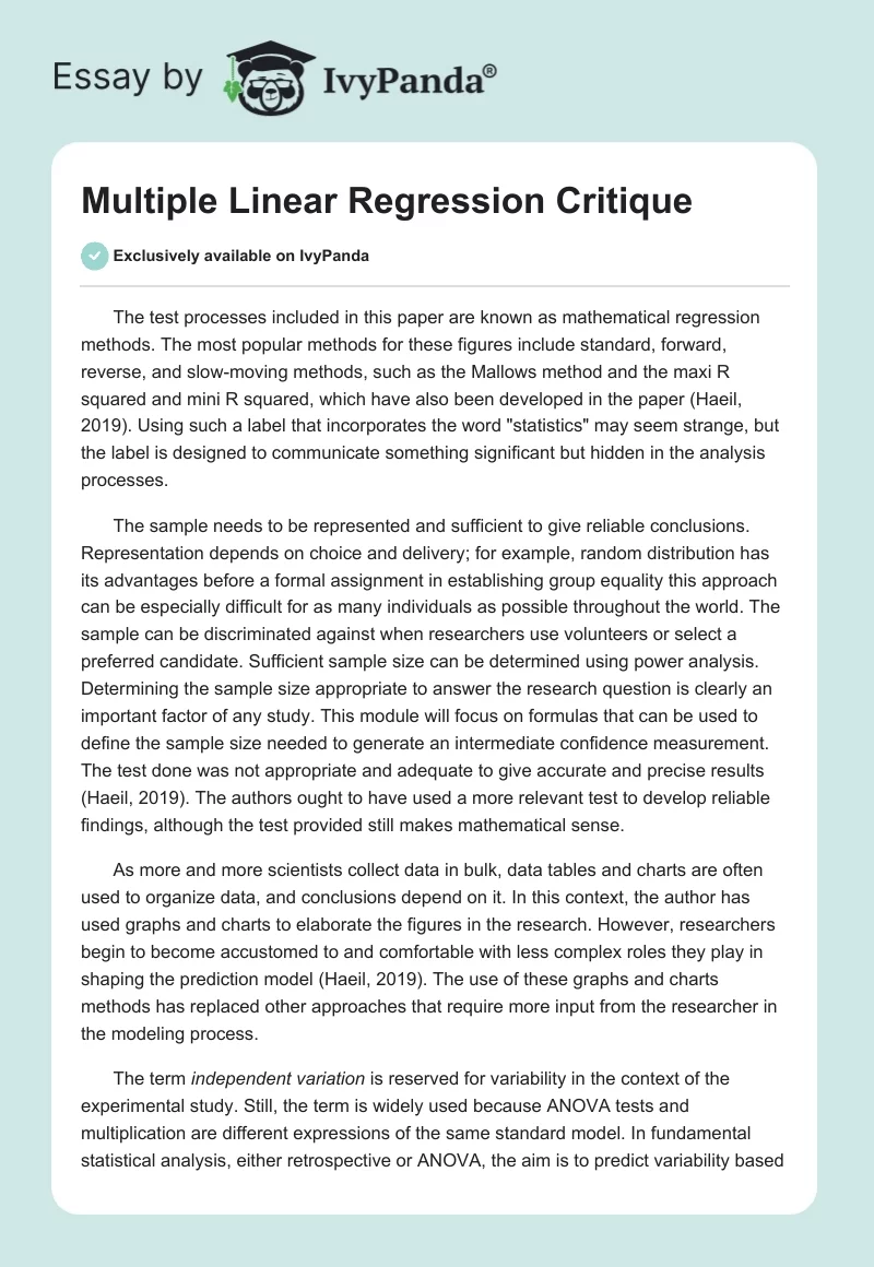 Multiple Linear Regression Critique. Page 1