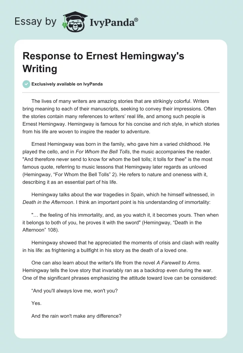 Response to Ernest Hemingway's Writing. Page 1
